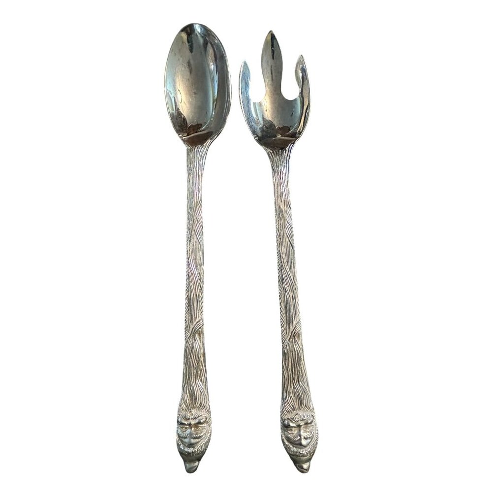 Vintage Silver-Plated Salad Server Set With Intricate Face Design Handles